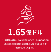 1億5千万ドル 1981年以降、New Balance Foundationは非営利団体に総額1億5,000万ドル以上を寄付しています